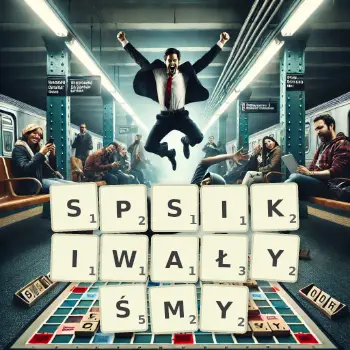 Kreatywna ilustracja do gry w Scrabble ze słowem SPSIKIWAŁYŚMY ułożonym z płytek na planszy.