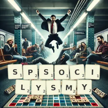 Kreatywna ilustracja do gry w Scrabble ze słowem SPSOCILYSMY ułożonym z płytek na planszy.