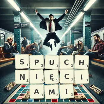 Kreatywna ilustracja do gry w Scrabble ze słowem SPUCHNIĘCIAMI ułożonym z płytek na planszy.