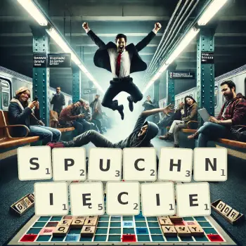 Kreatywna ilustracja do gry w Scrabble ze słowem SPUCHNIĘCIE ułożonym z płytek na planszy.