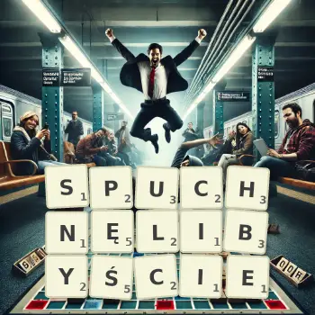Kreatywna ilustracja do gry w Scrabble ze słowem SPUCHNĘLIBYŚCIE ułożonym z płytek na planszy.