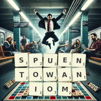 Kreatywna ilustracja do gry w Scrabble ze słowem SPUENTOWANIOM ułożonym z płytek na planszy.