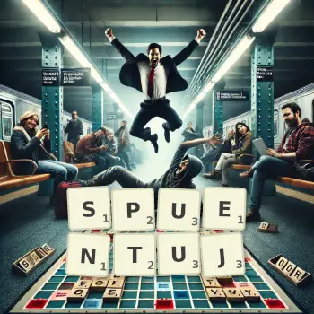 Kreatywna ilustracja do gry w Scrabble ze słowem SPUENTUJ ułożonym z płytek na planszy.