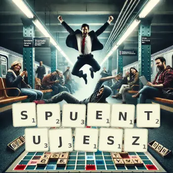Kreatywna ilustracja do gry w Scrabble ze słowem SPUENTUJESZ ułożonym z płytek na planszy.