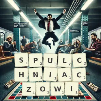 Kreatywna ilustracja do gry w Scrabble ze słowem SPULCHNIACZOWI ułożonym z płytek na planszy.