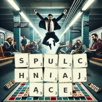 Kreatywna ilustracja do gry w Scrabble ze słowem SPULCHNIAJĄCE ułożonym z płytek na planszy.