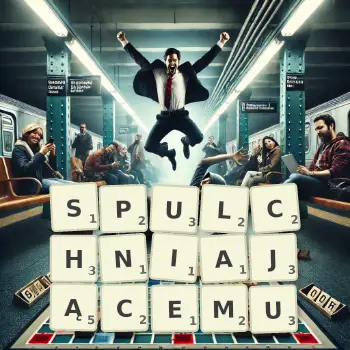 Kreatywna ilustracja do gry w Scrabble ze słowem SPULCHNIAJĄCEMU ułożonym z płytek na planszy.