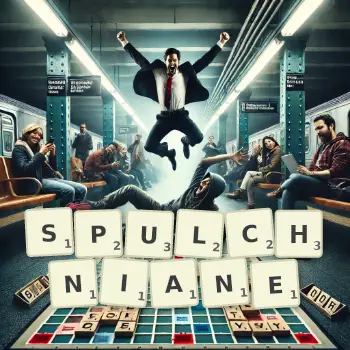 Kreatywna ilustracja do gry w Scrabble ze słowem SPULCHNIANE ułożonym z płytek na planszy.