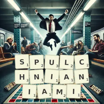 Kreatywna ilustracja do gry w Scrabble ze słowem SPULCHNIANIAMI ułożonym z płytek na planszy.