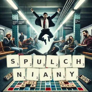 Kreatywna ilustracja do gry w Scrabble ze słowem SPULCHNIANY ułożonym z płytek na planszy.