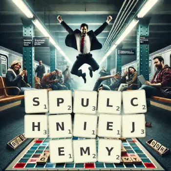 Kreatywna ilustracja do gry w Scrabble ze słowem SPULCHNIEJEMY ułożonym z płytek na planszy.