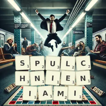 Kreatywna ilustracja do gry w Scrabble ze słowem SPULCHNIENIAMI ułożonym z płytek na planszy.