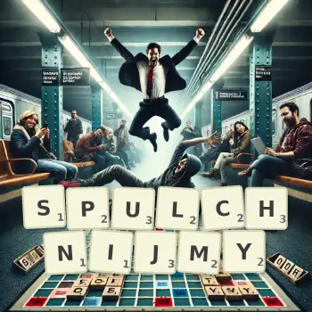 Kreatywna ilustracja do gry w Scrabble ze słowem SPULCHNIJMY ułożonym z płytek na planszy.