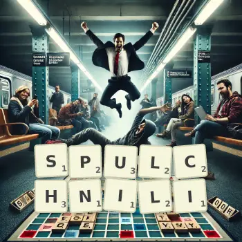 Kreatywna ilustracja do gry w Scrabble ze słowem SPULCHNILI ułożonym z płytek na planszy.