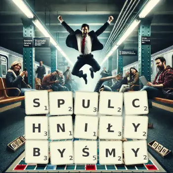 Kreatywna ilustracja do gry w Scrabble ze słowem SPULCHNIŁYBYŚMY ułożonym z płytek na planszy.
