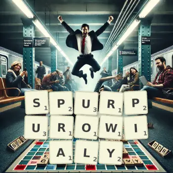 Kreatywna ilustracja do gry w Scrabble ze słowem SPURPUROWIALY ułożonym z płytek na planszy.