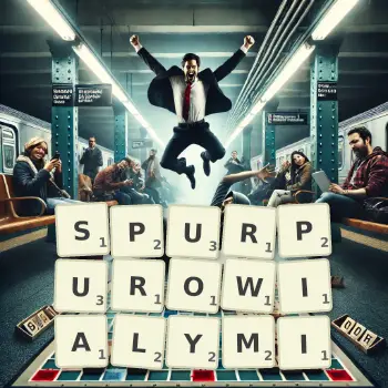 Kreatywna ilustracja do gry w Scrabble ze słowem SPURPUROWIALYMI ułożonym z płytek na planszy.