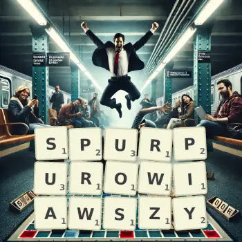 Kreatywna ilustracja do gry w Scrabble ze słowem SPURPUROWIAWSZY ułożonym z płytek na planszy.