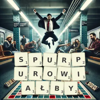 Kreatywna ilustracja do gry w Scrabble ze słowem SPURPUROWIAŁBY ułożonym z płytek na planszy.