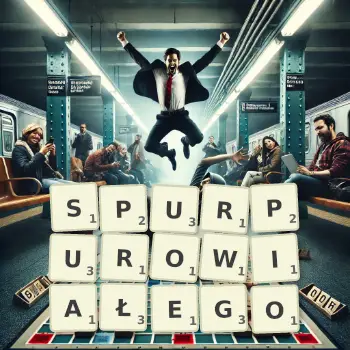 Kreatywna ilustracja do gry w Scrabble ze słowem SPURPUROWIAŁEGO ułożonym z płytek na planszy.