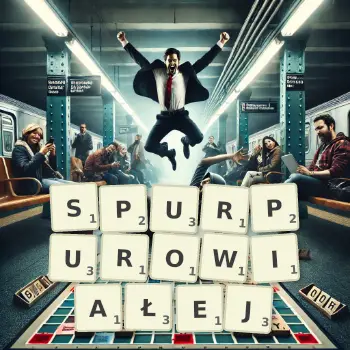 Kreatywna ilustracja do gry w Scrabble ze słowem SPURPUROWIAŁEJ ułożonym z płytek na planszy.