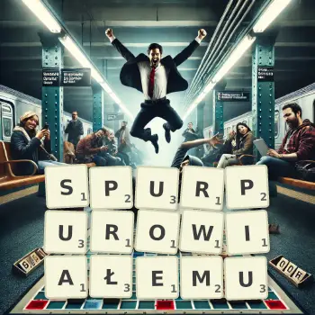 Kreatywna ilustracja do gry w Scrabble ze słowem SPURPUROWIAŁEMU ułożonym z płytek na planszy.