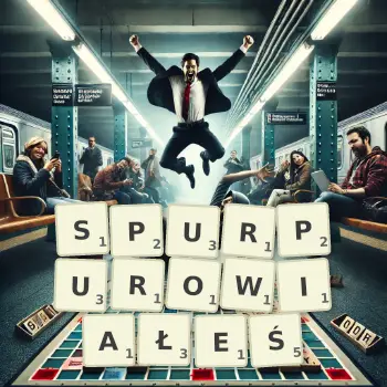 Kreatywna ilustracja do gry w Scrabble ze słowem SPURPUROWIAŁEŚ ułożonym z płytek na planszy.