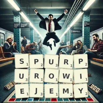 Kreatywna ilustracja do gry w Scrabble ze słowem SPURPUROWIEJEMY ułożonym z płytek na planszy.