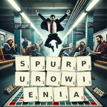 Kreatywna ilustracja do gry w Scrabble ze słowem SPURPUROWIENIA ułożonym z płytek na planszy.