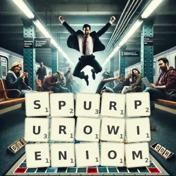 Kreatywna ilustracja do gry w Scrabble ze słowem SPURPUROWIENIOM ułożonym z płytek na planszy.