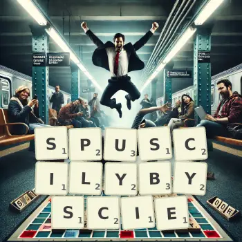 Kreatywna ilustracja do gry w Scrabble ze słowem SPUSCILYBYSCIE ułożonym z płytek na planszy.