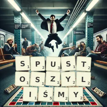 Kreatywna ilustracja do gry w Scrabble ze słowem SPUSTOSZYLIŚMY ułożonym z płytek na planszy.