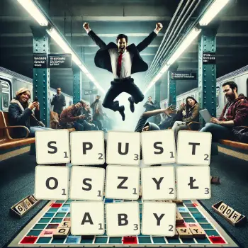 Kreatywna ilustracja do gry w Scrabble ze słowem SPUSTOSZYŁABY ułożonym z płytek na planszy.
