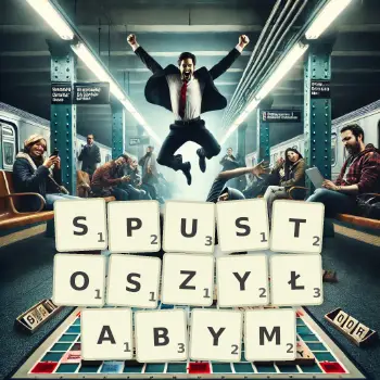 Kreatywna ilustracja do gry w Scrabble ze słowem SPUSTOSZYŁABYM ułożonym z płytek na planszy.