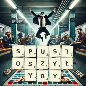 Kreatywna ilustracja do gry w Scrabble ze słowem SPUSTOSZYŁYBY ułożonym z płytek na planszy.