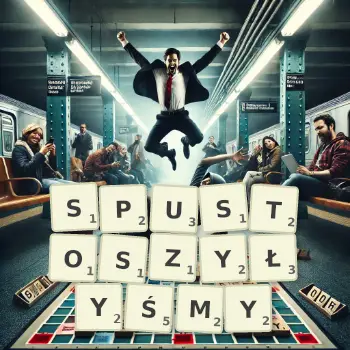 Kreatywna ilustracja do gry w Scrabble ze słowem SPUSTOSZYŁYŚMY ułożonym z płytek na planszy.