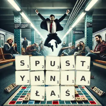 Kreatywna ilustracja do gry w Scrabble ze słowem SPUSTYNNIAŁAŚ ułożonym z płytek na planszy.