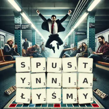 Kreatywna ilustracja do gry w Scrabble ze słowem SPUSTYNNIAŁYŚMY ułożonym z płytek na planszy.