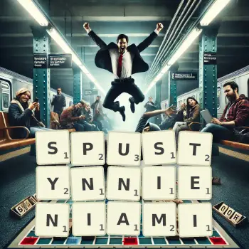 Kreatywna ilustracja do gry w Scrabble ze słowem SPUSTYNNIENIAMI ułożonym z płytek na planszy.