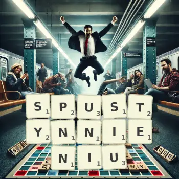 Kreatywna ilustracja do gry w Scrabble ze słowem SPUSTYNNIENIU ułożonym z płytek na planszy.