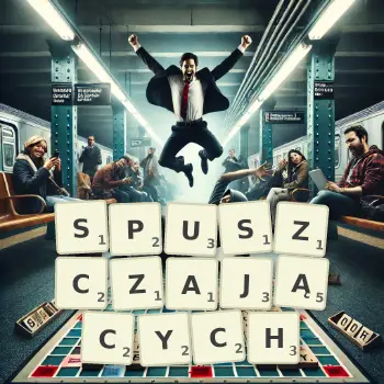 Kreatywna ilustracja do gry w Scrabble ze słowem SPUSZCZAJĄCYCH ułożonym z płytek na planszy.