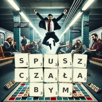 Kreatywna ilustracja do gry w Scrabble ze słowem SPUSZCZAŁABYM ułożonym z płytek na planszy.