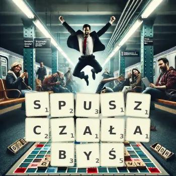 Kreatywna ilustracja do gry w Scrabble ze słowem SPUSZCZAŁABYŚ ułożonym z płytek na planszy.