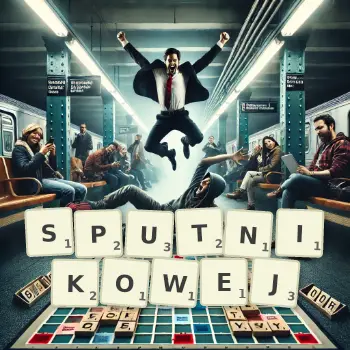 Kreatywna ilustracja do gry w Scrabble ze słowem SPUTNIKOWEJ ułożonym z płytek na planszy.
