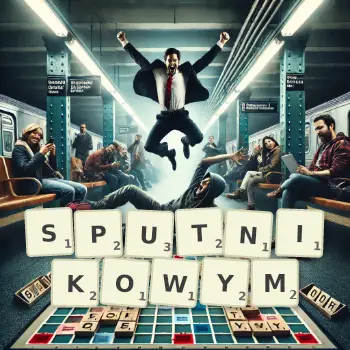 Kreatywna ilustracja do gry w Scrabble ze słowem SPUTNIKOWYM ułożonym z płytek na planszy.