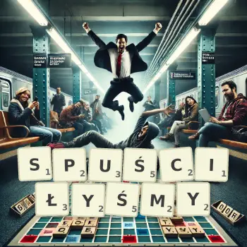 Kreatywna ilustracja do gry w Scrabble ze słowem SPUŚCIŁYŚMY ułożonym z płytek na planszy.