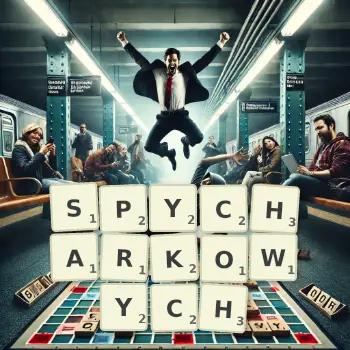Kreatywna ilustracja do gry w Scrabble ze słowem SPYCHARKOWYCH ułożonym z płytek na planszy.