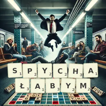 Kreatywna ilustracja do gry w Scrabble ze słowem SPYCHAŁABYM ułożonym z płytek na planszy.