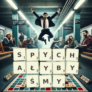 Kreatywna ilustracja do gry w Scrabble ze słowem SPYCHAŁYBYŚMY ułożonym z płytek na planszy.