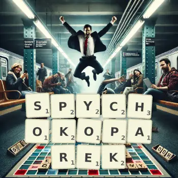 Kreatywna ilustracja do gry w Scrabble ze słowem SPYCHOKOPAREK ułożonym z płytek na planszy.